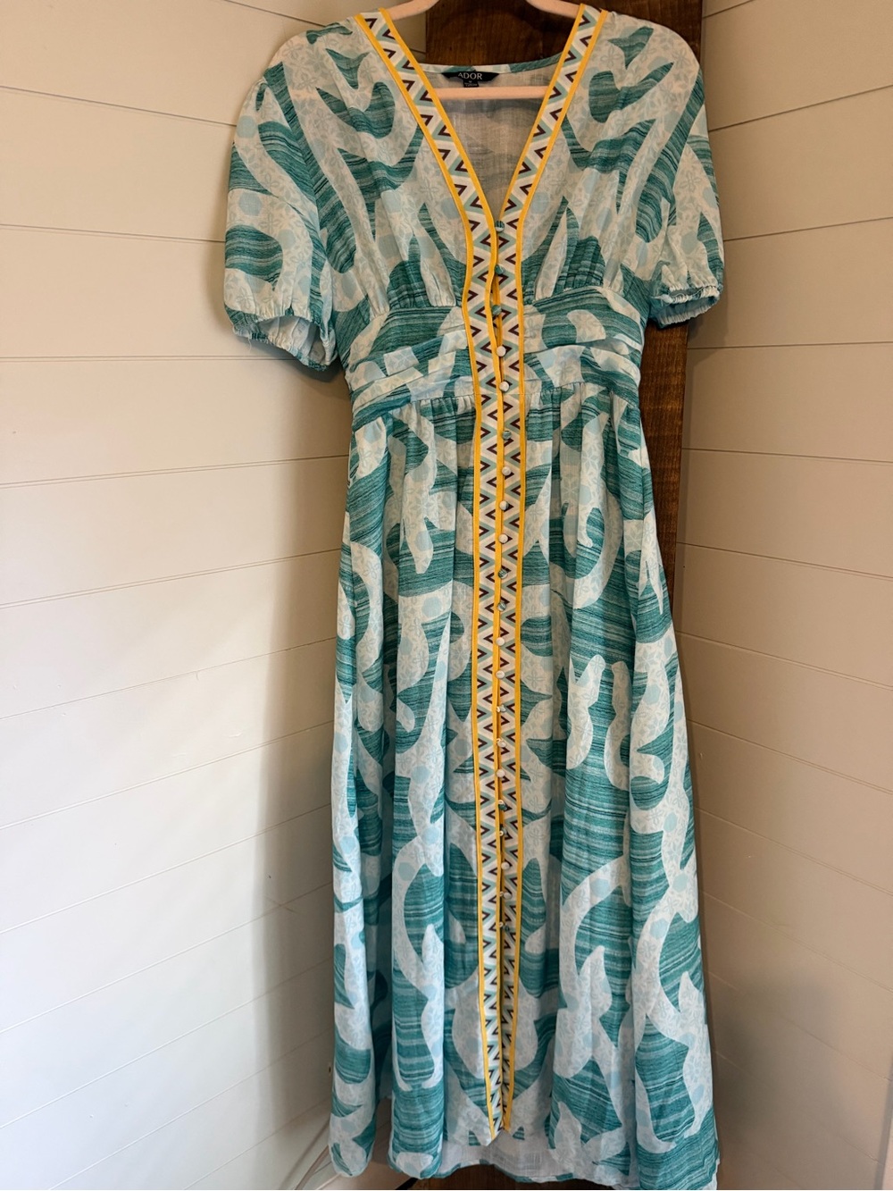 Teal Patterned Maxi Dress with Yellow Trim